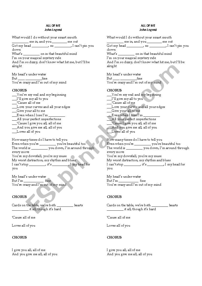 All Of ME- John Legend Worksheet