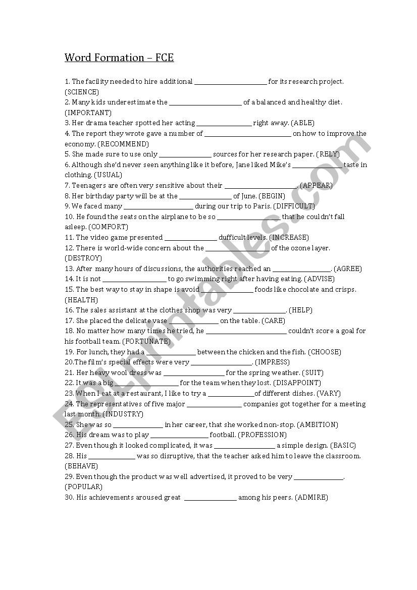  Word Formation FCE worksheet