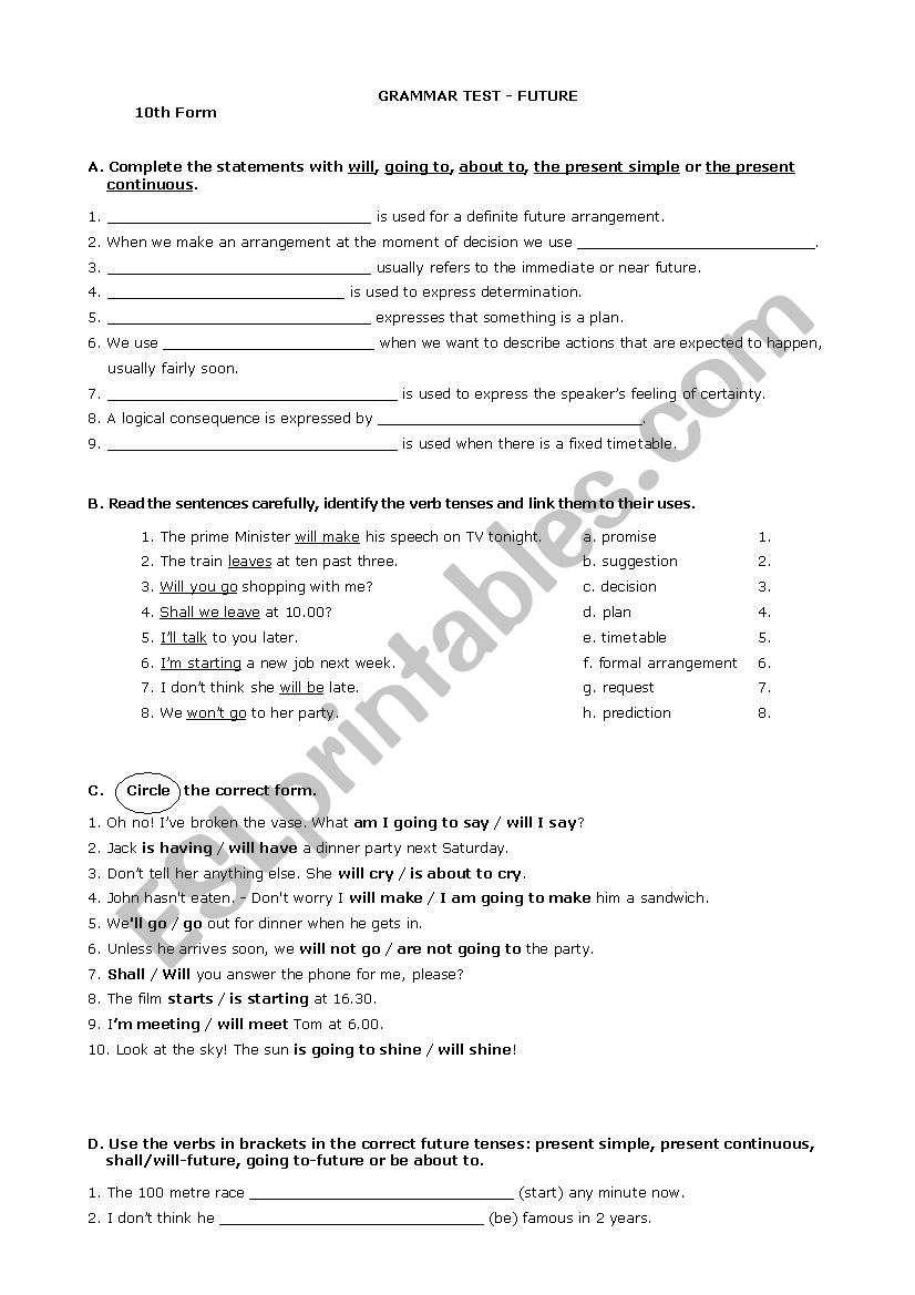 Test- Future tenses worksheet