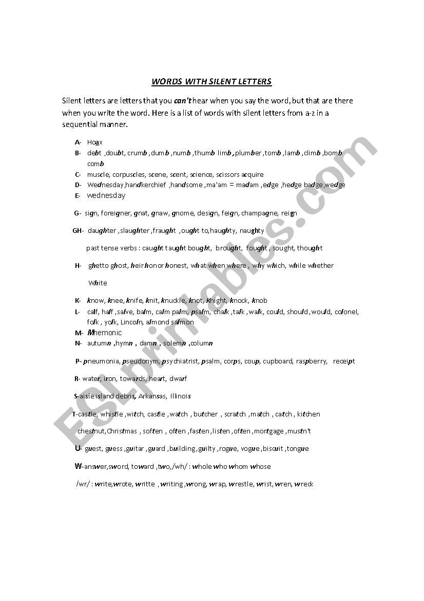 words with silent letters worksheet