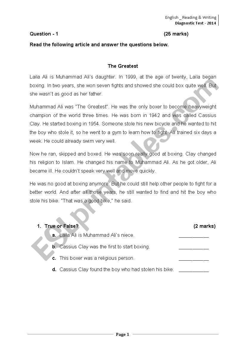 Reading & Writing Test worksheet