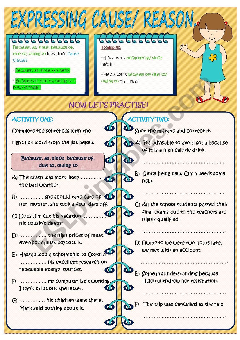 EXPRESSING CAUSE/ REASON. worksheet