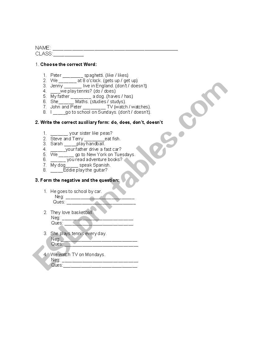 Present simple and question words test