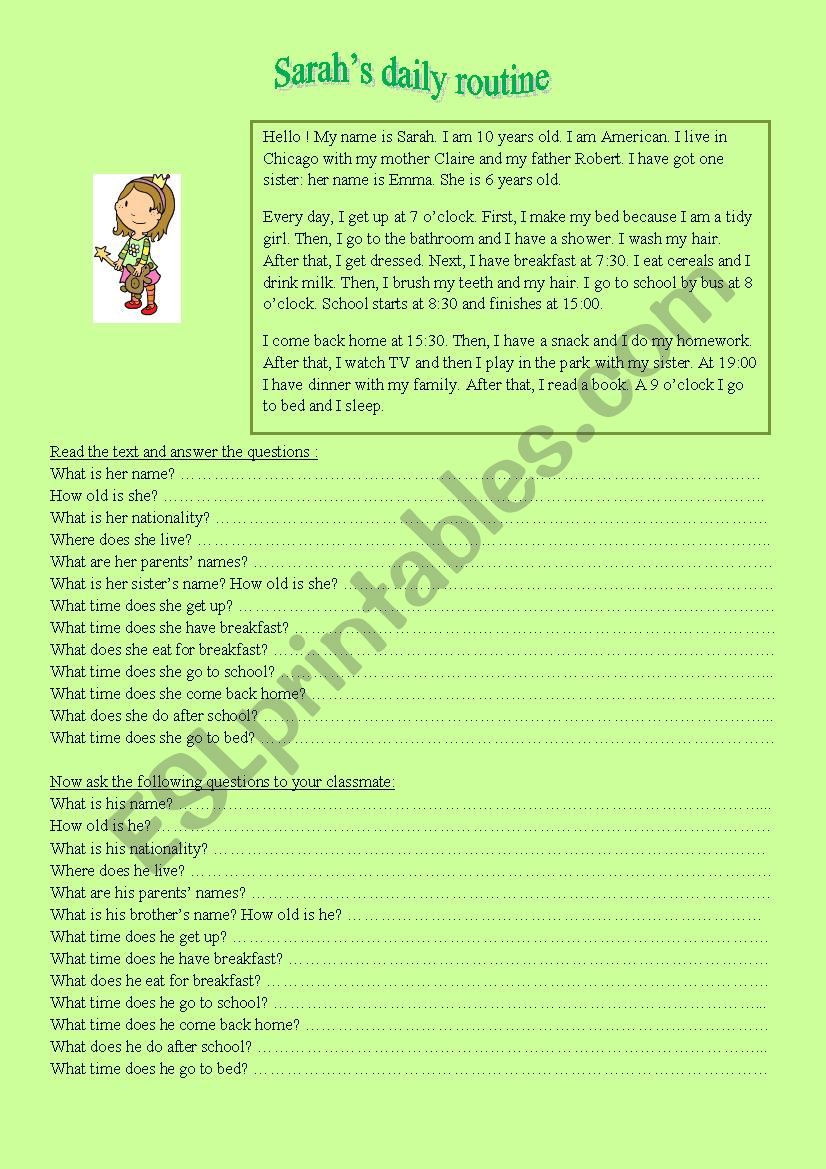 Daily life reading worksheet