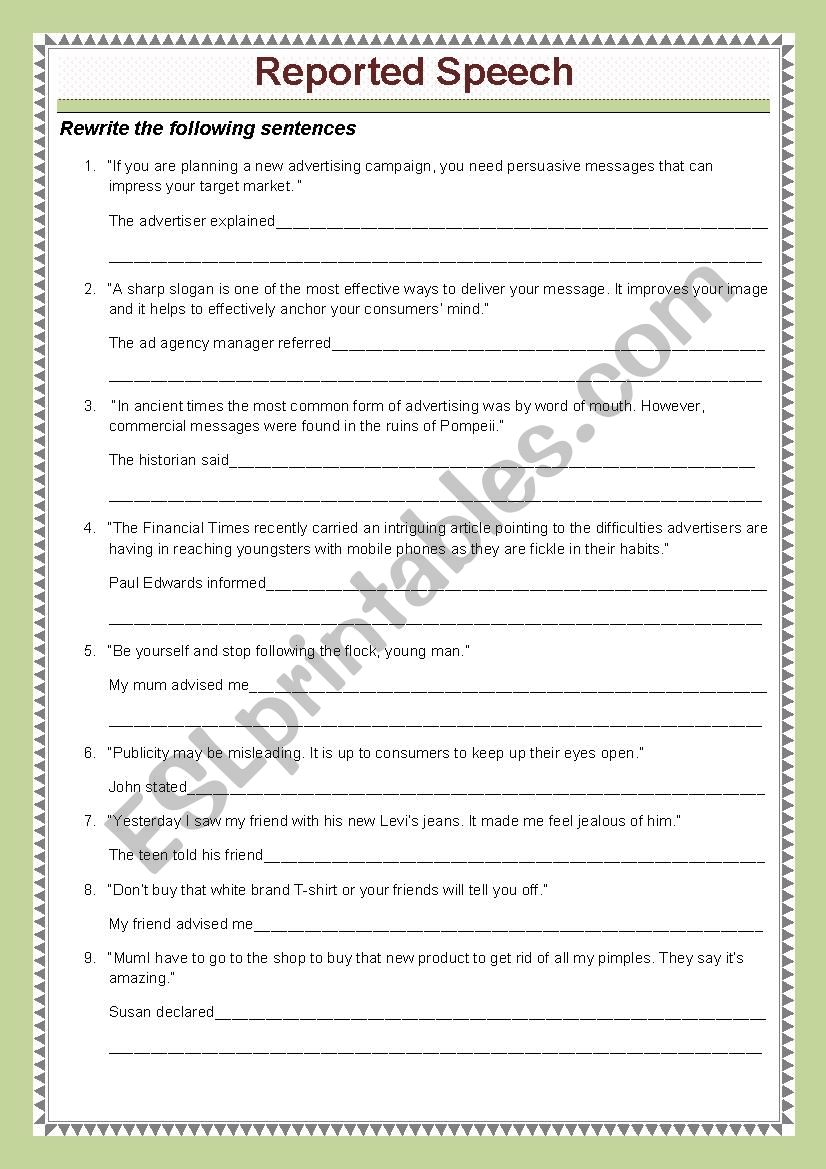 Reported Speech worksheet