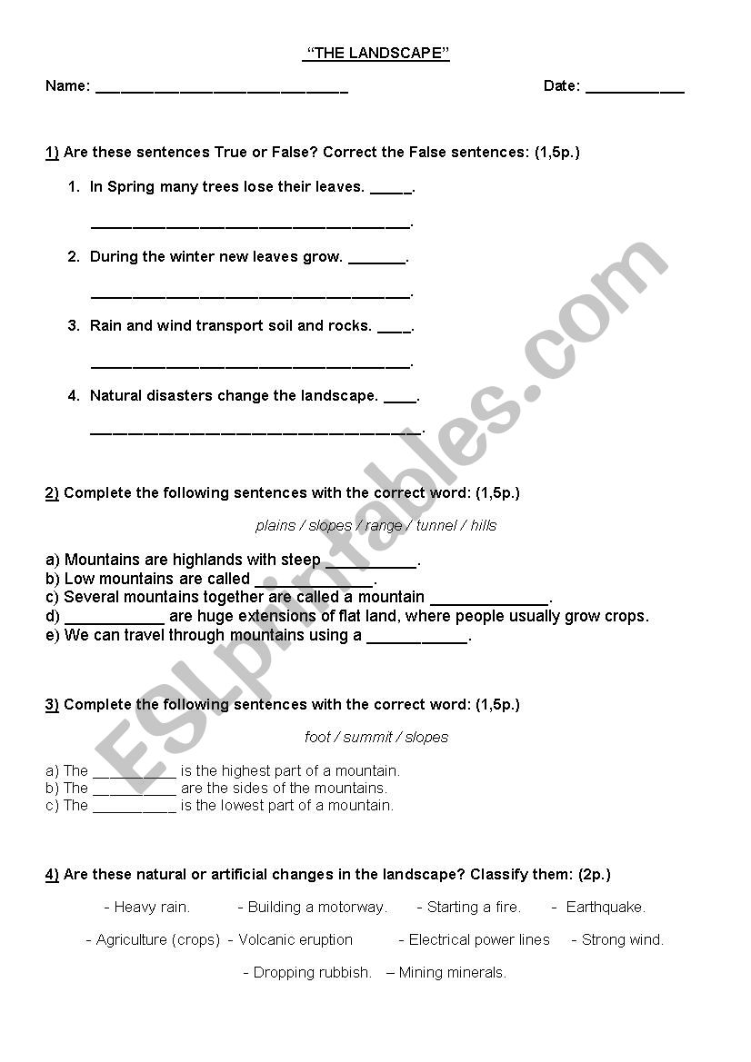 Landscapes worksheet