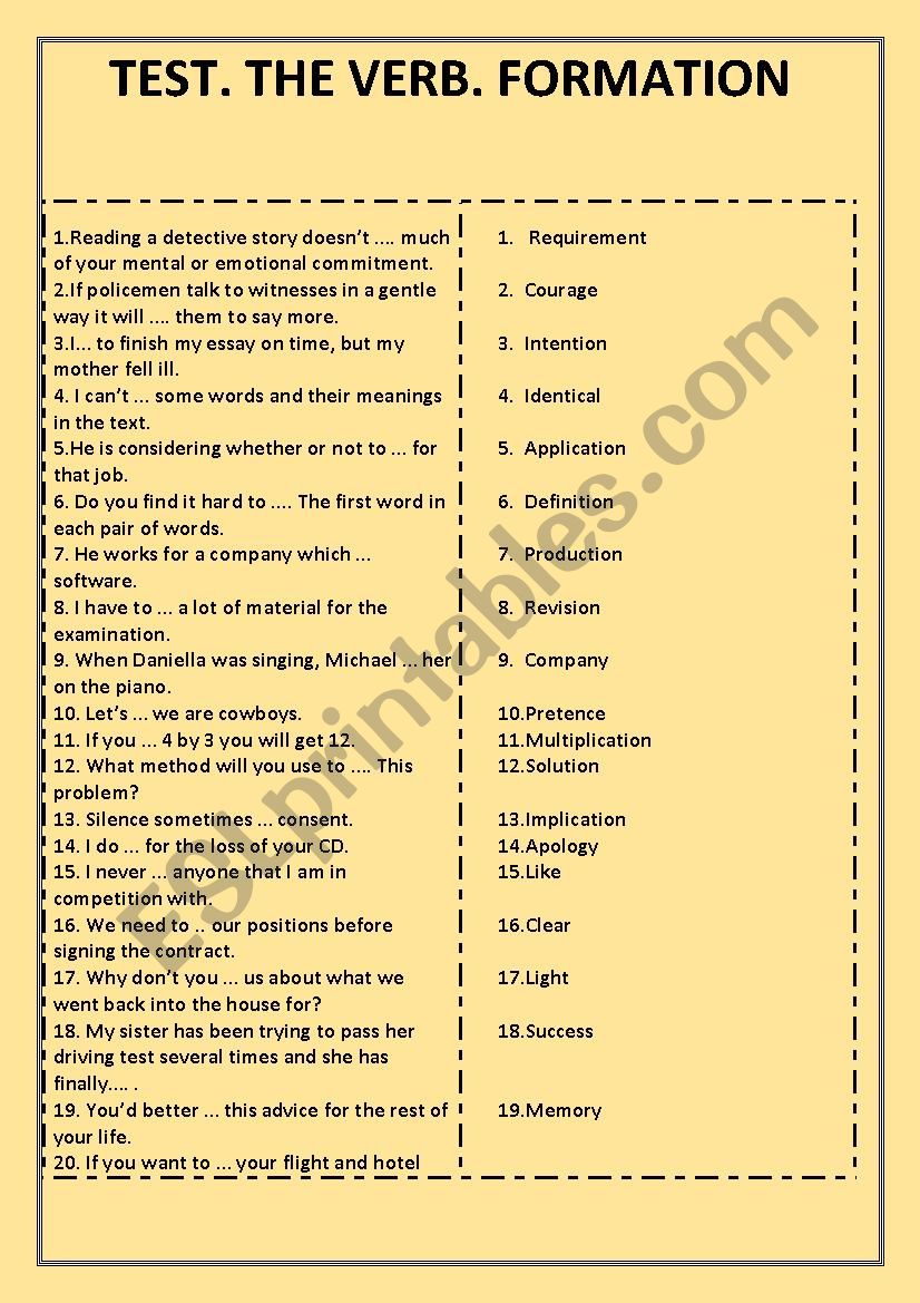 Test. The Verb. Formation worksheet