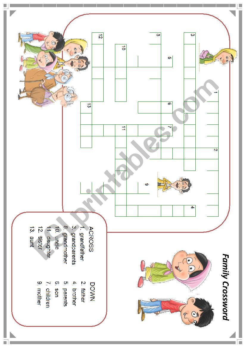 family member crossword worksheet