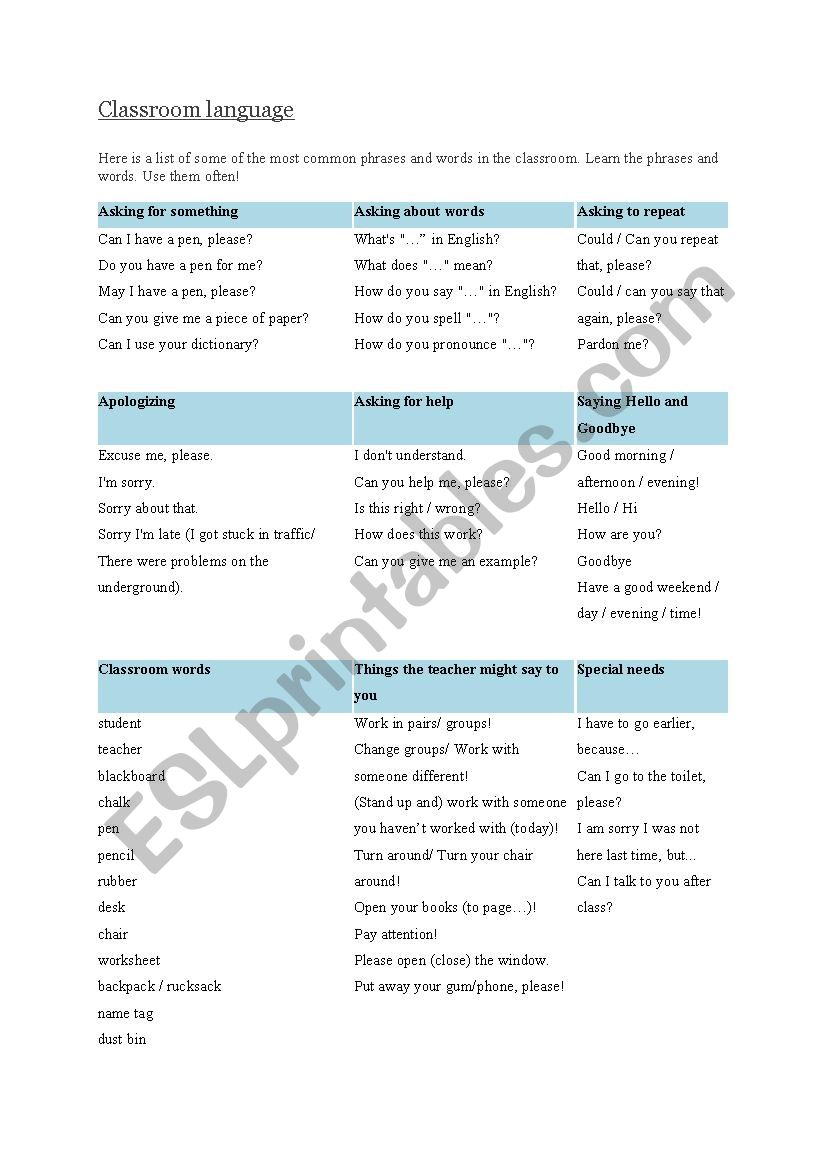 classroom discourse word list worksheet