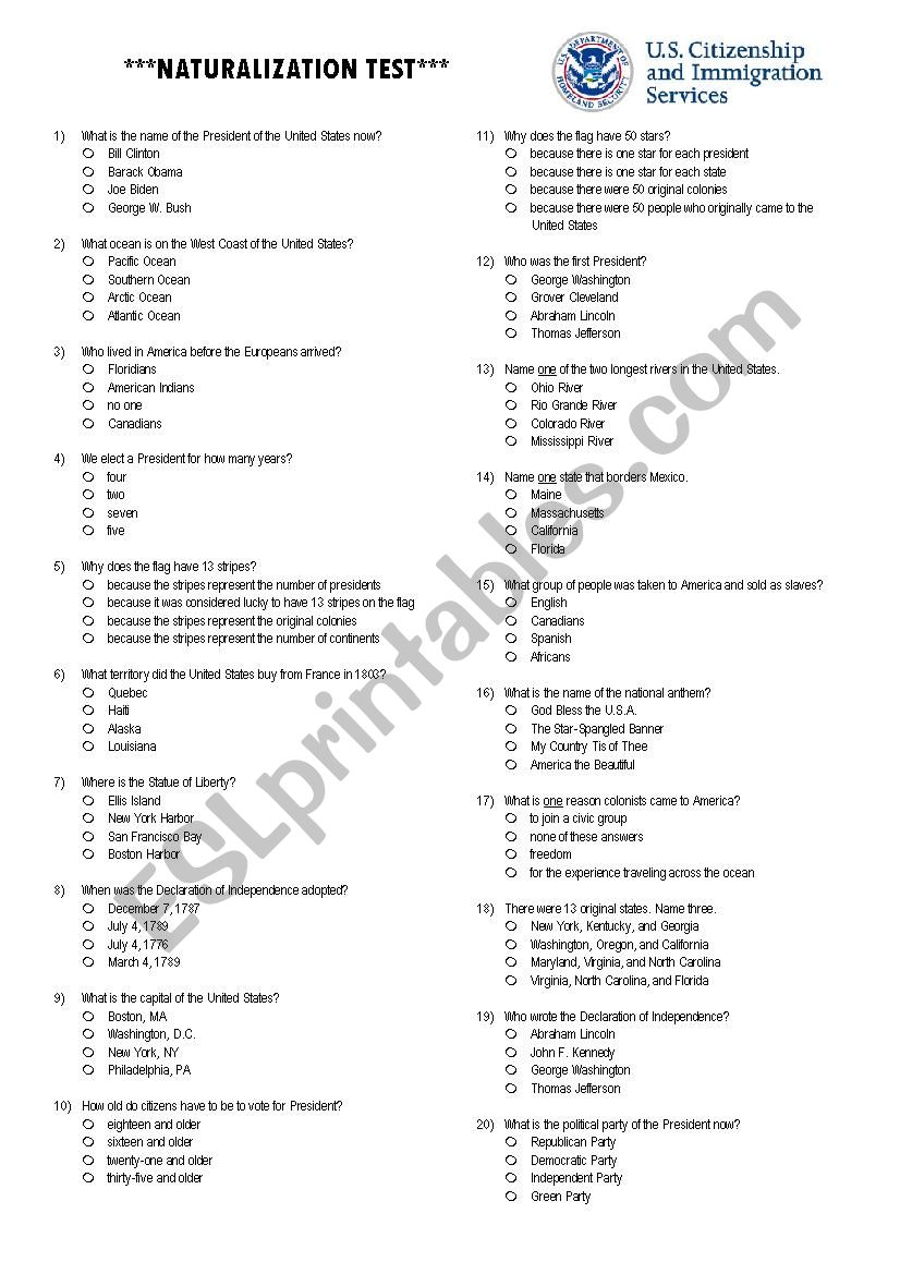 Us Citizenship Test Printable