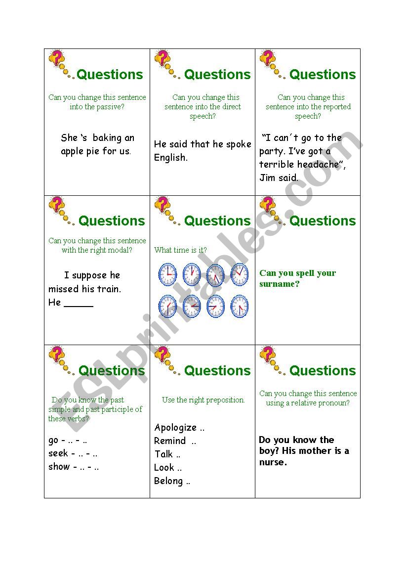 Revision cards worksheet