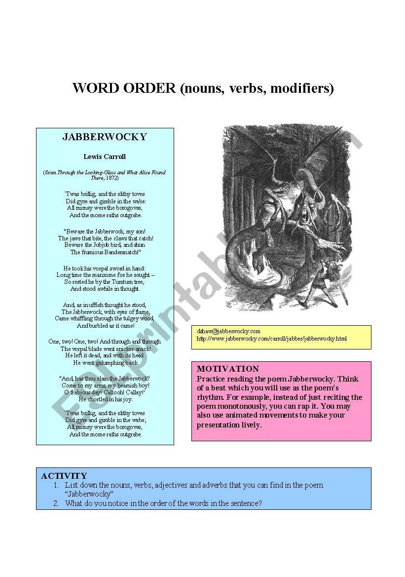 WORD ORDER (nouns, verbs, modifiers) 