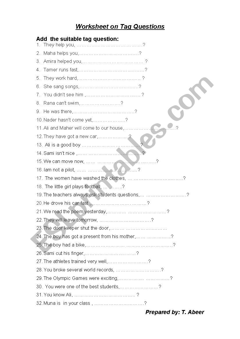 tag question  worksheet