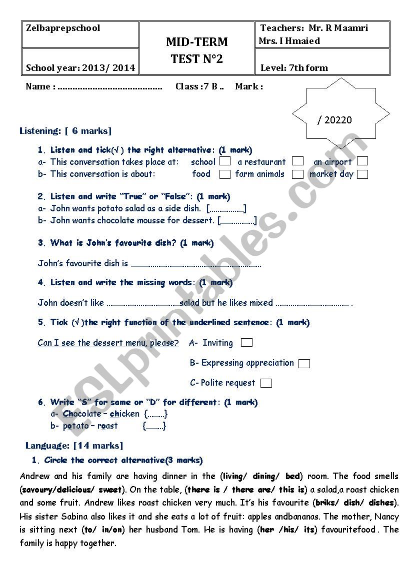 7th form mid term test 2 worksheet