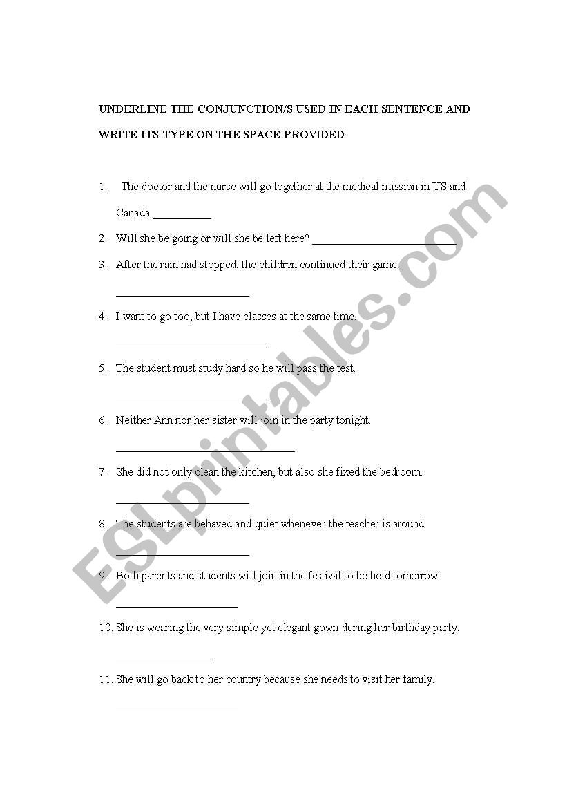 TEST ON CONJUNCTIONS worksheet