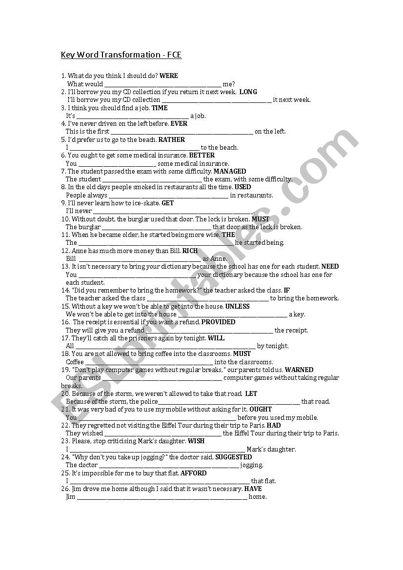 Key Word Transformation 2 FCE with Key included