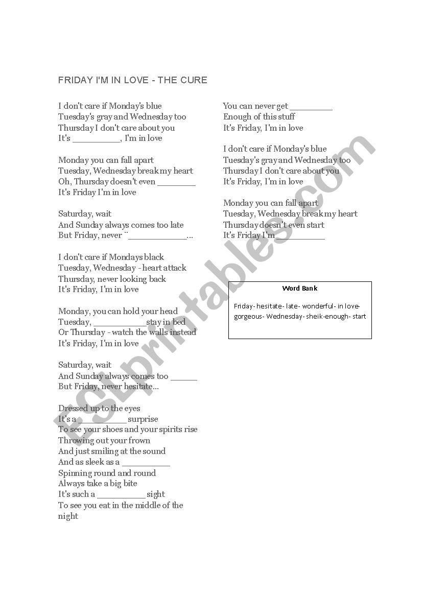 Friday IÂ´m in Love worksheet