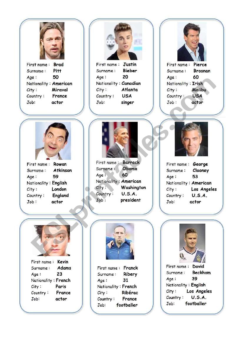 Celebrities ID cards. worksheet