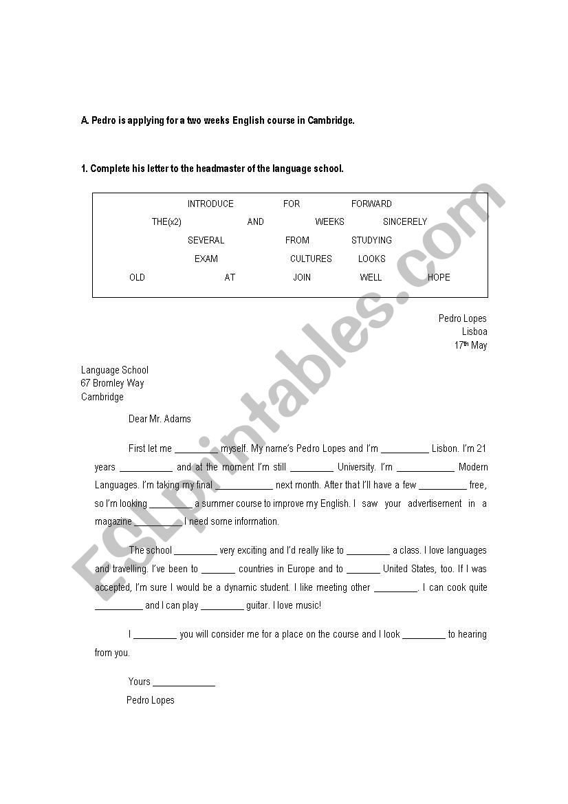 Placement test worksheet