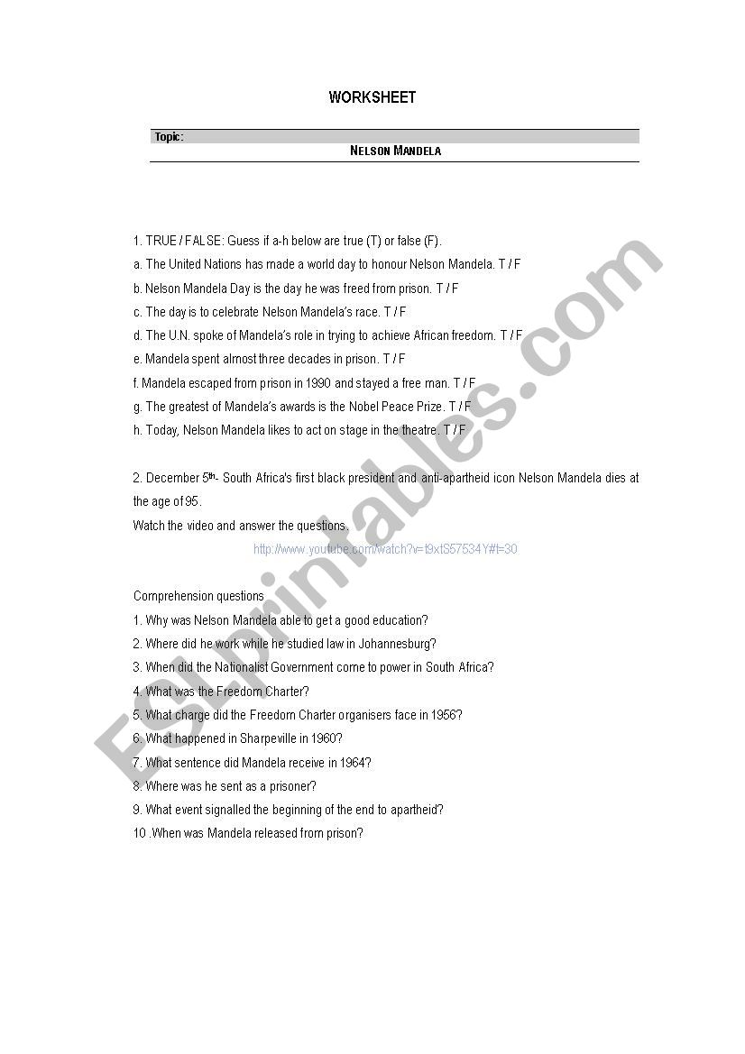 Nelson Mandela worksheet