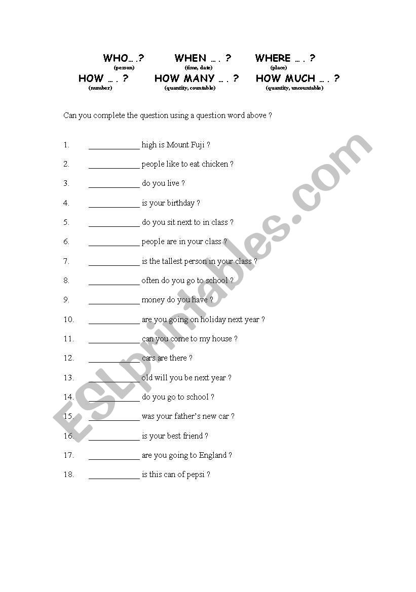 Question words worksheet