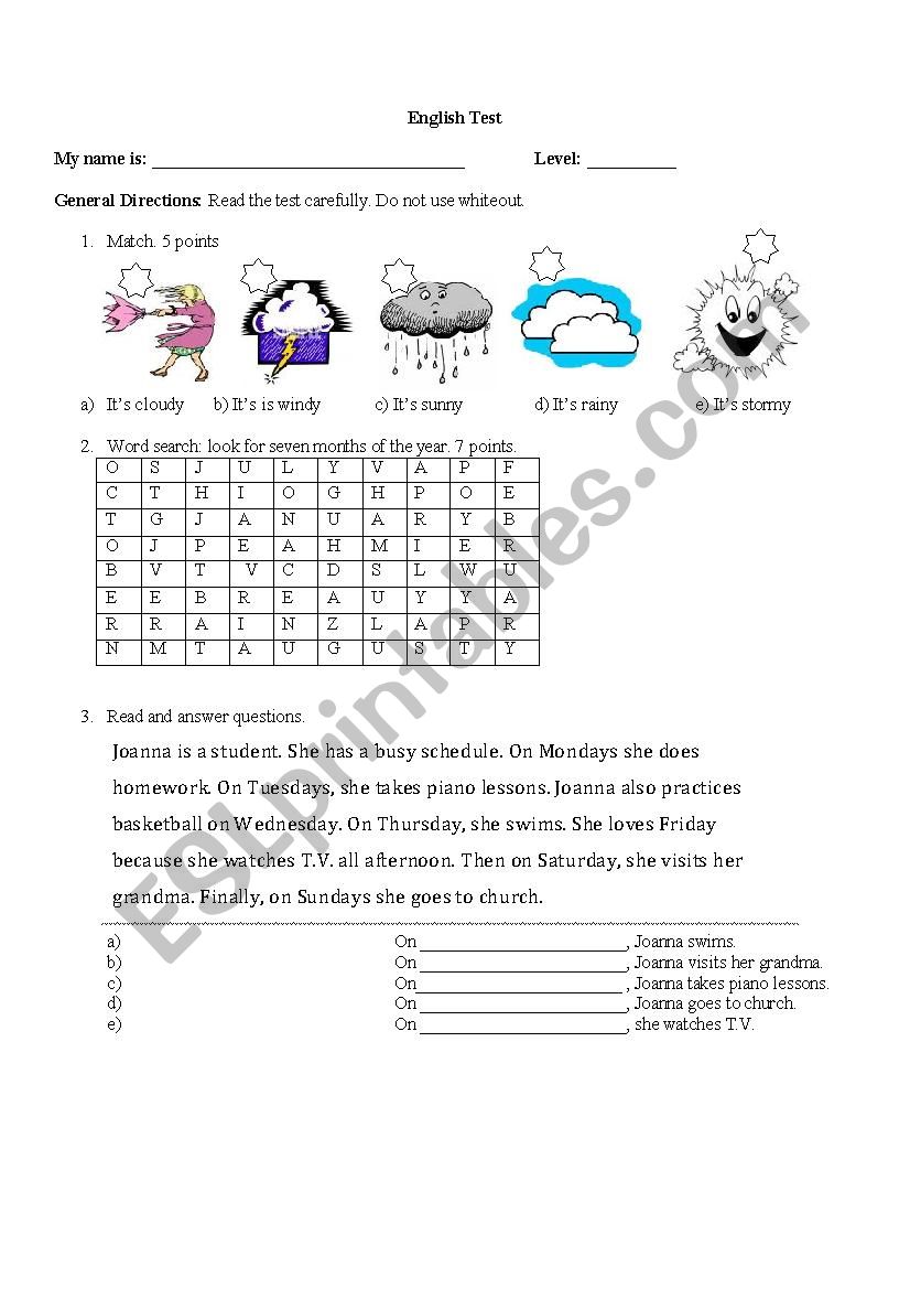 months worksheet