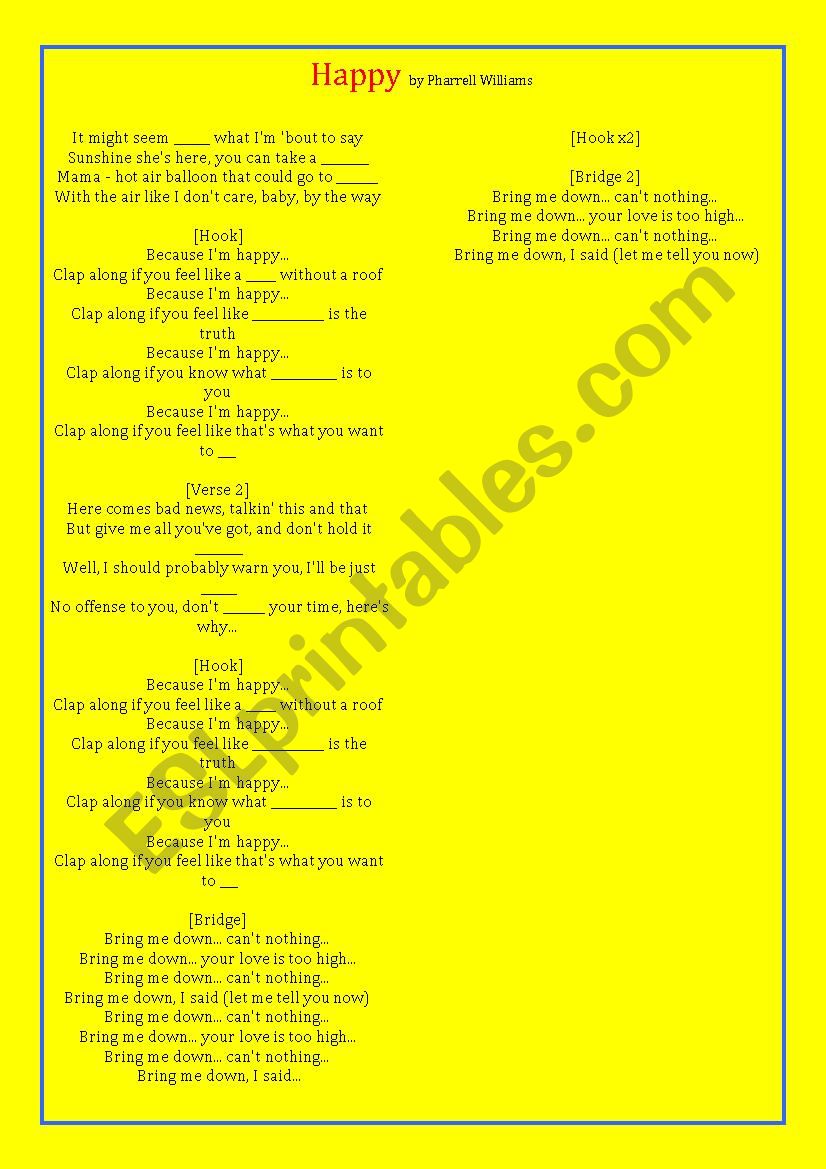 Happy by Pharrell Williams worksheet