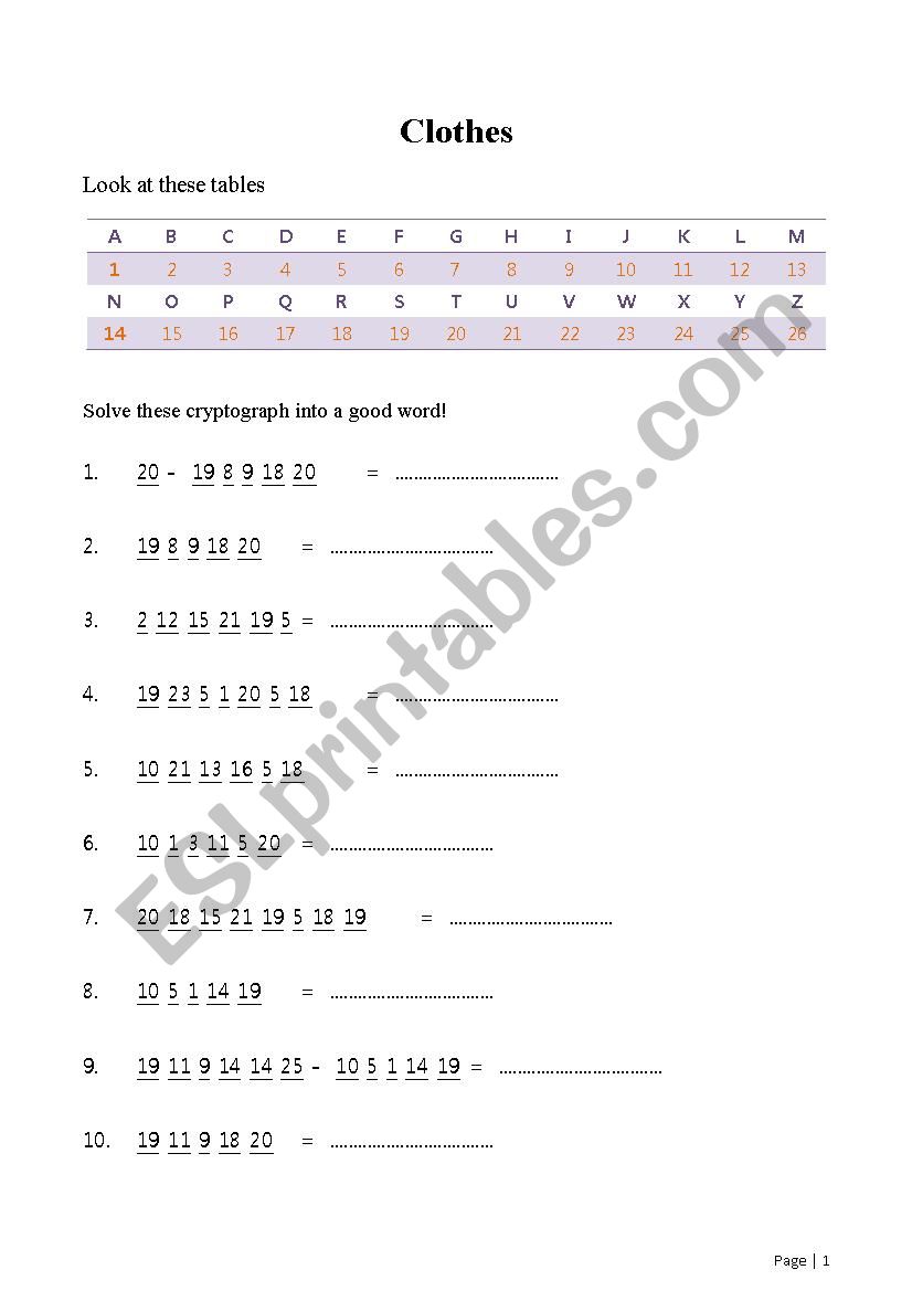 Clothes worksheet