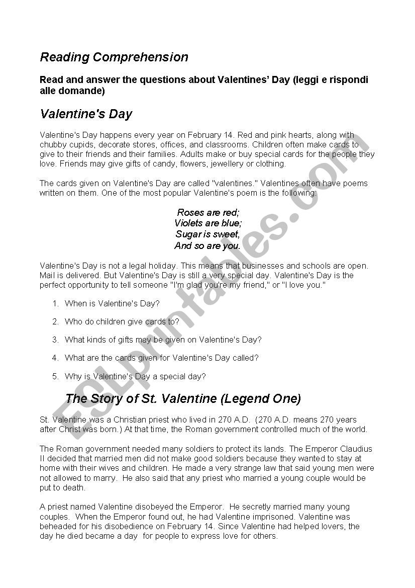 Comprehension_St.ValentineÂ´s Day - ESL worksheet by lolala