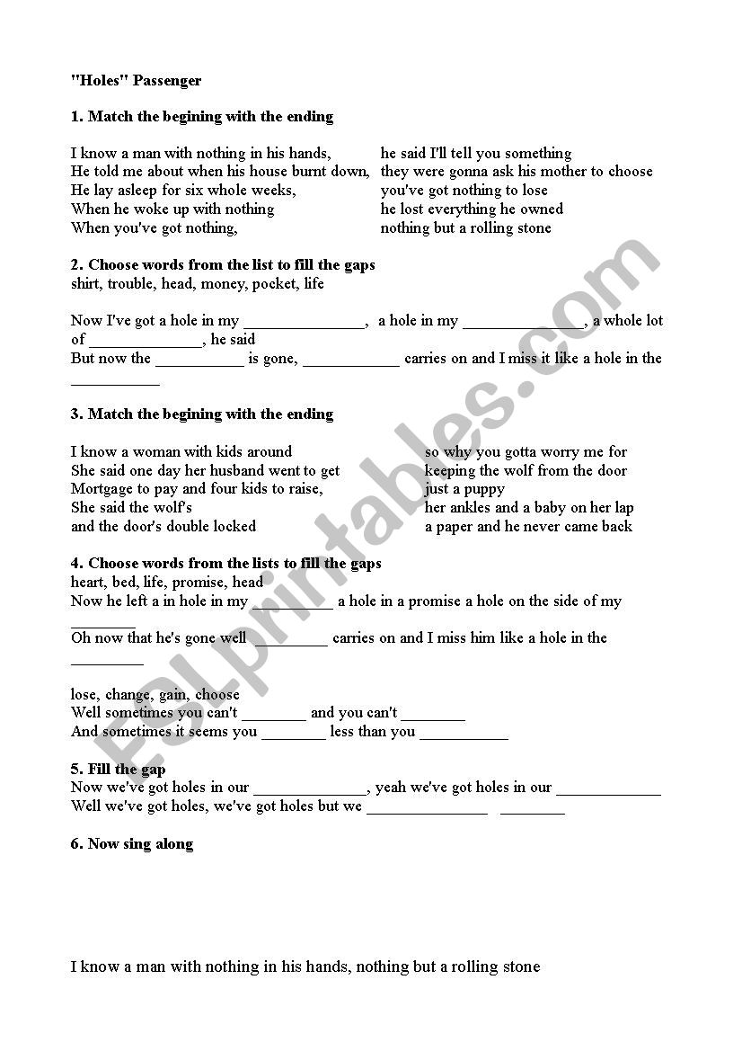 Holes - Passenger worksheet