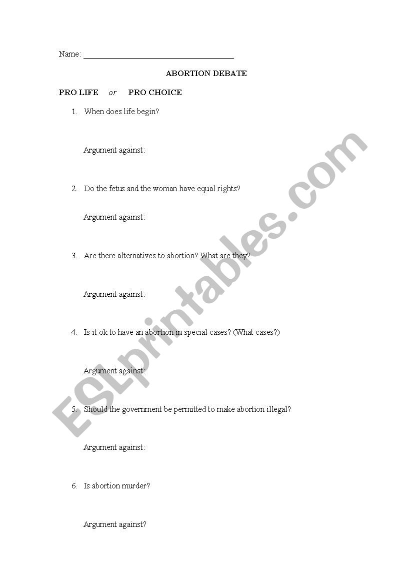 Abortion Debate worksheet