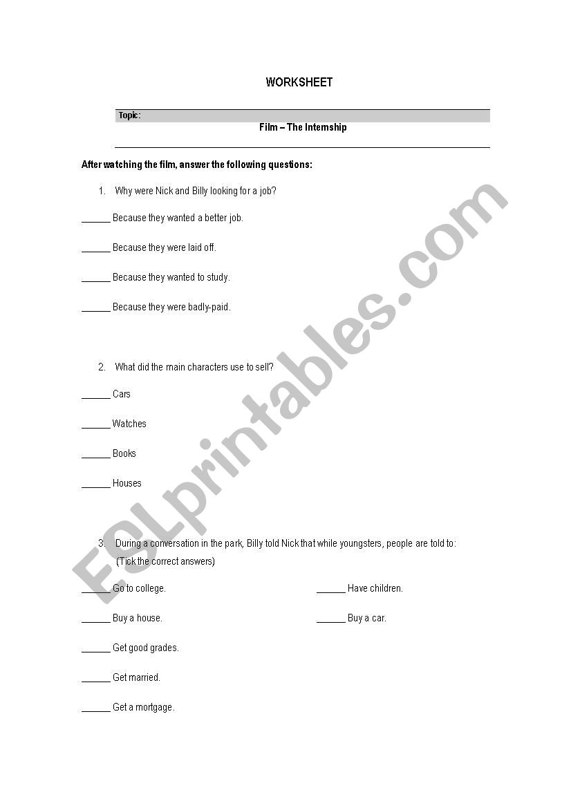 The internship worksheet