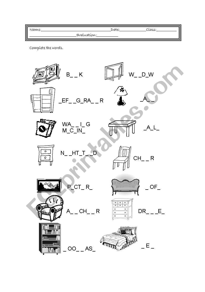 Furniture worksheet