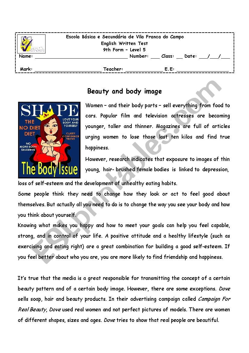 Beauty and body image - 9th form test, Version B
