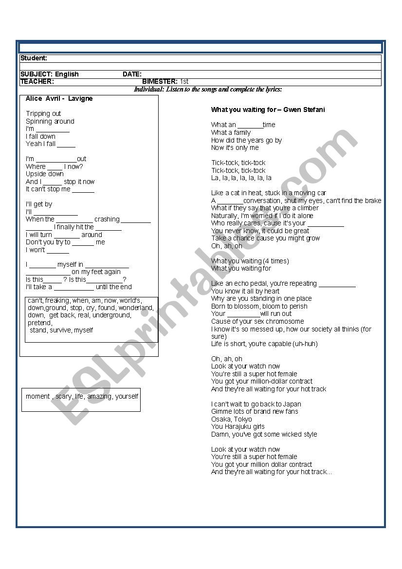 ALICE in Wonderland rereading worksheet