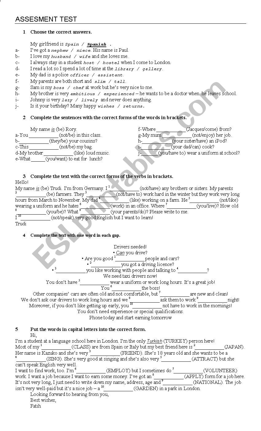 assessment test worksheet