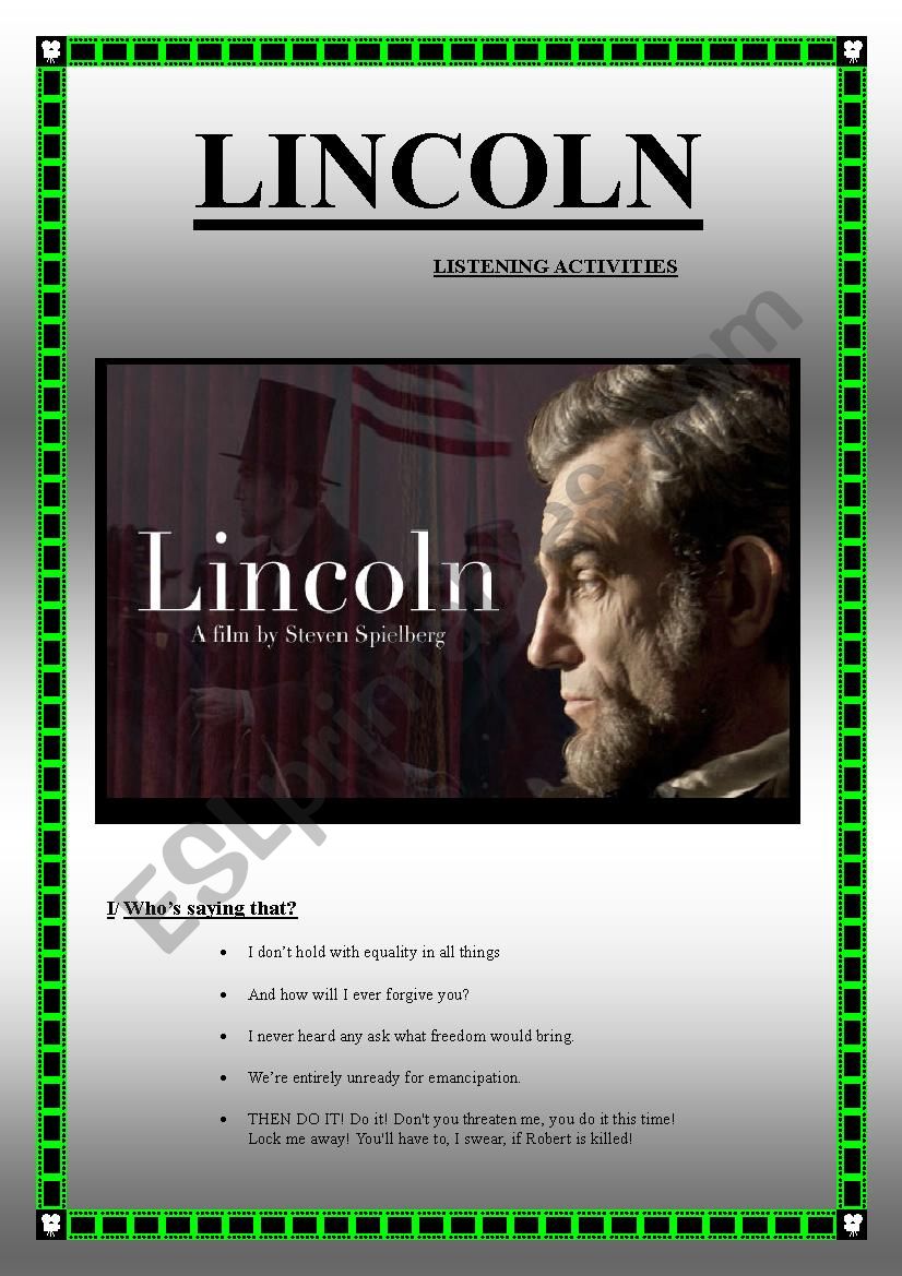 LINCOLN Spielbergs movie (LISTENING ACTIVITIES) (7 pages, keys included)