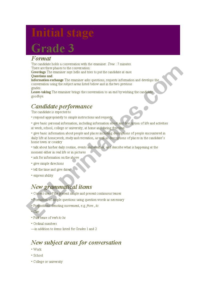 Trinity Level Grade 3 GESE worksheet