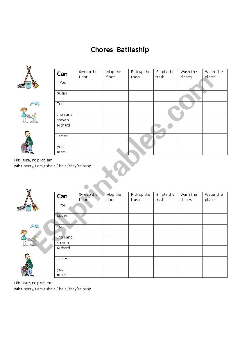 Chores battleship worksheet