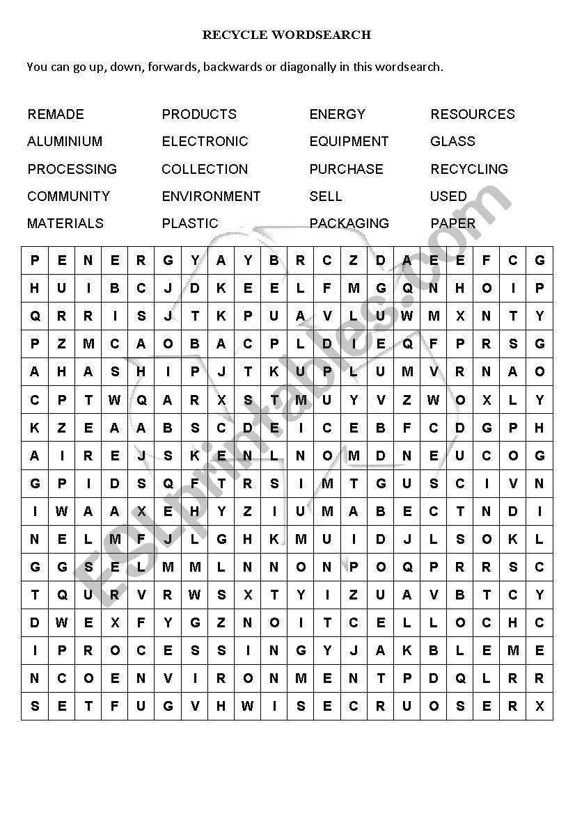 RECYCLE WORDSEARCH worksheet