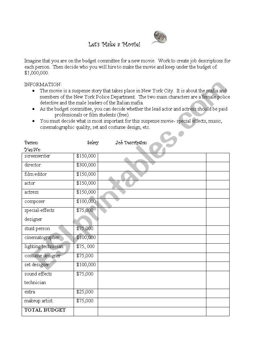 Lets Make a Movie! worksheet