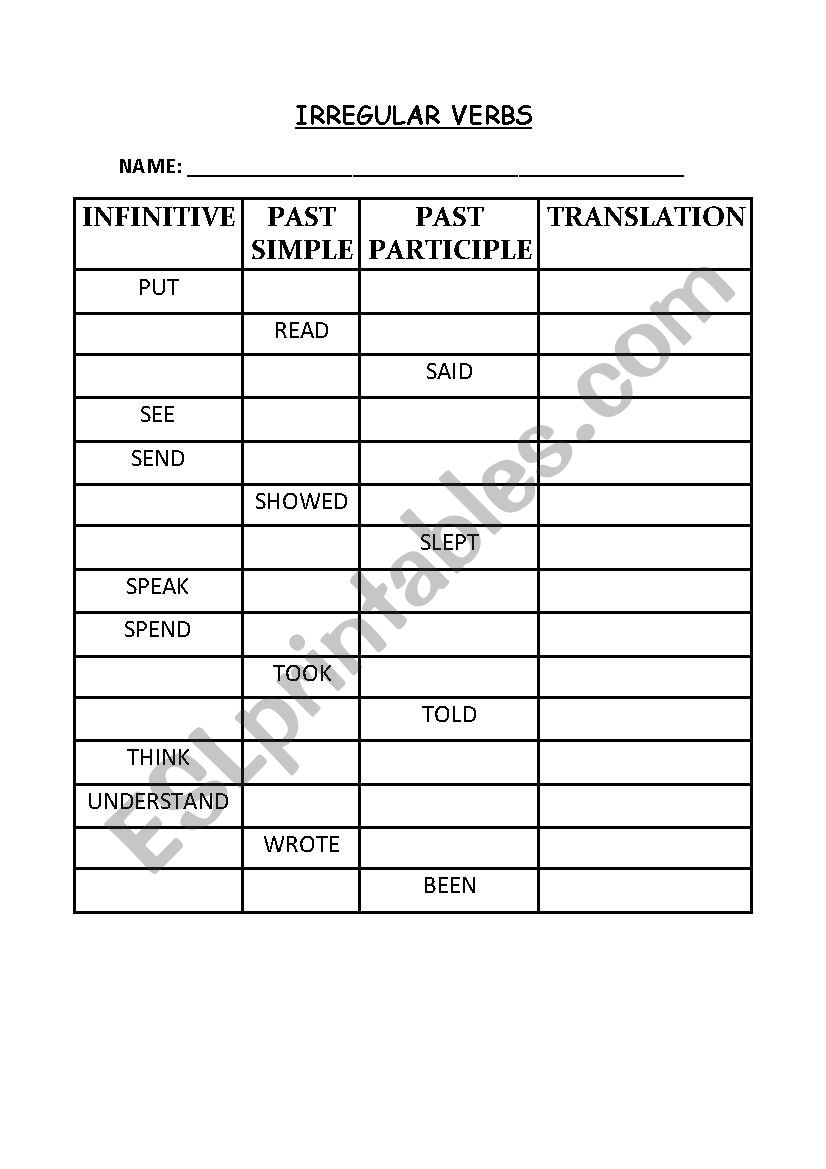 IRREGULAR VERBS TEST PART 2 worksheet