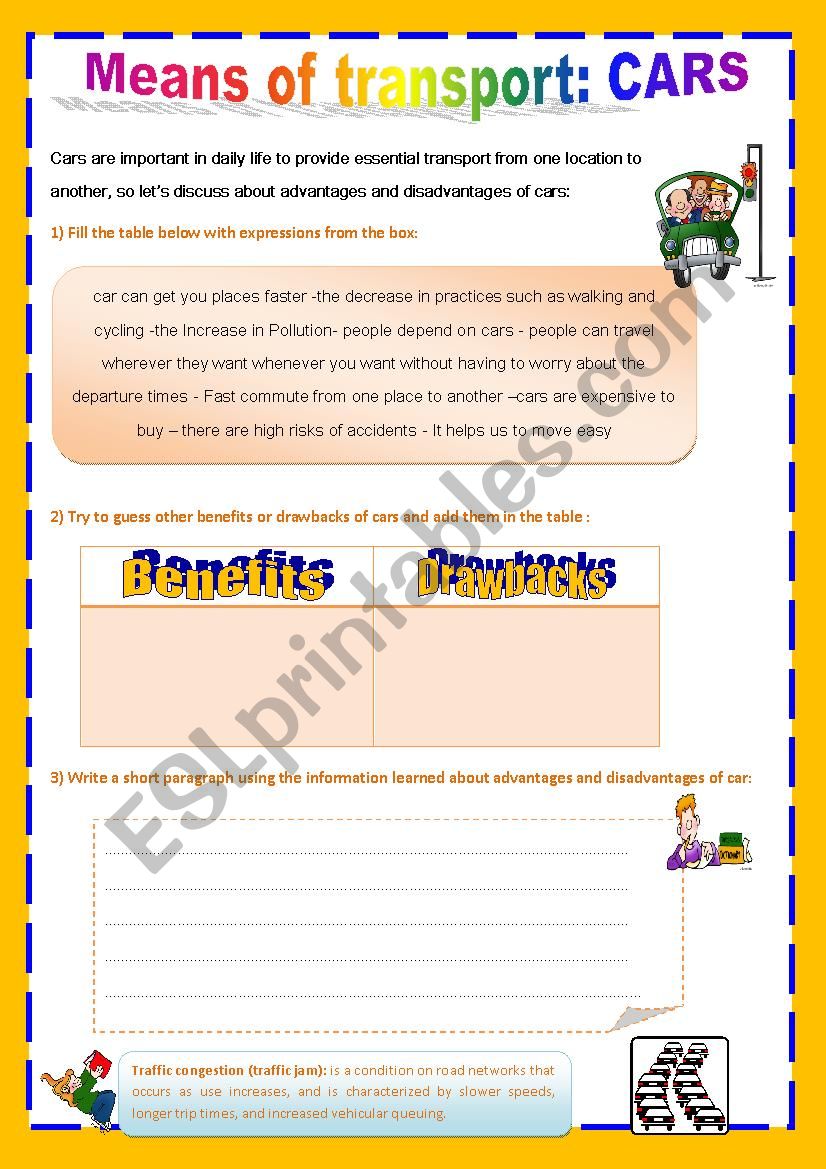 cars: benefits and drawbacks worksheet