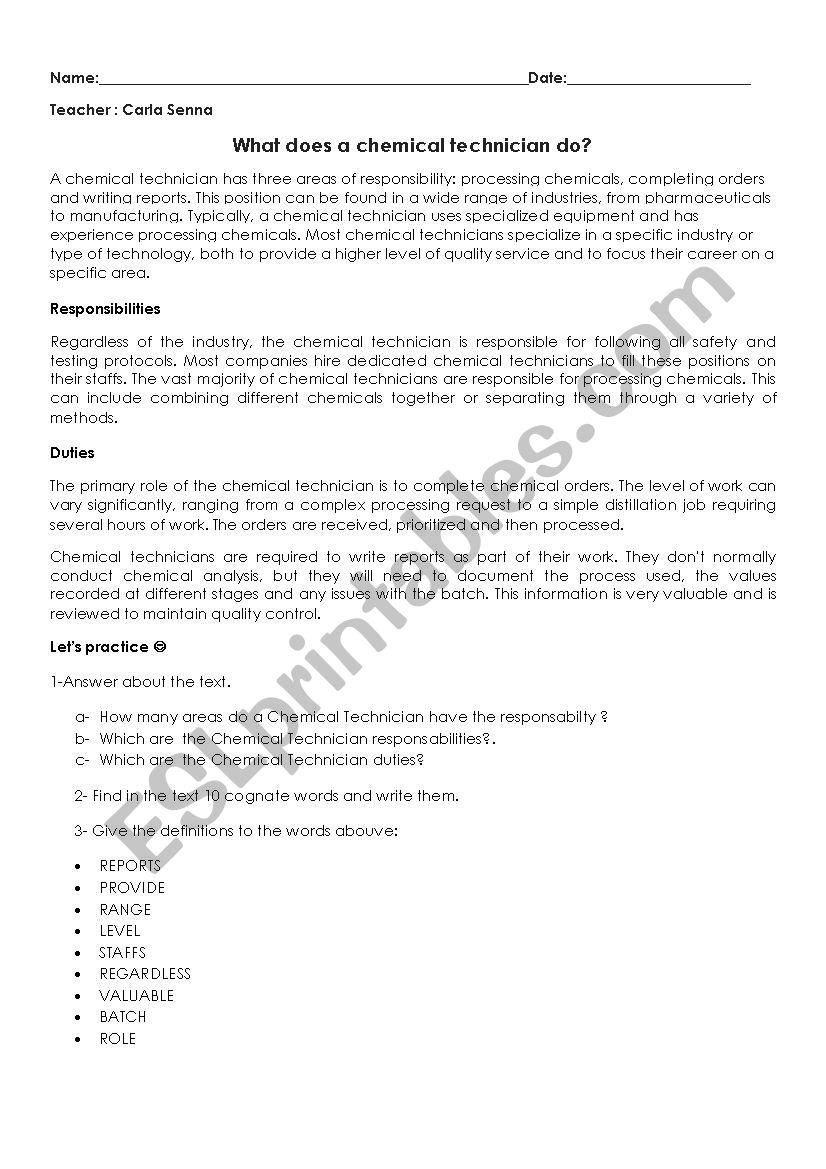 CHEMICAL TECHNICIANS  worksheet