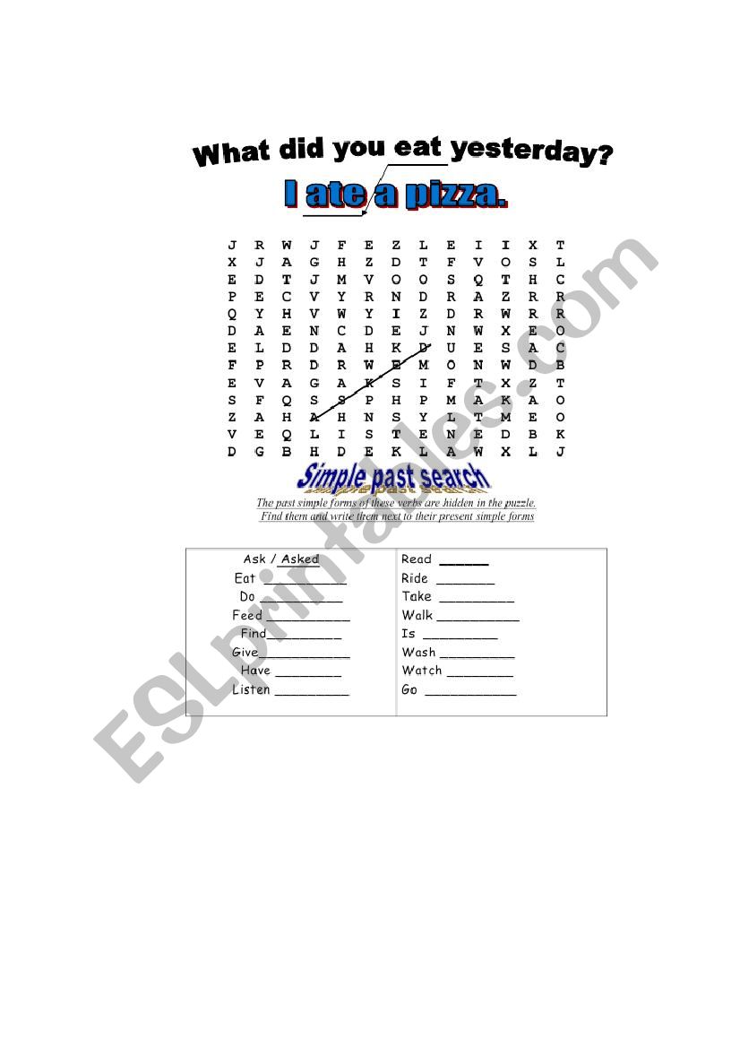 Simple Past  tense wordsearch worksheet