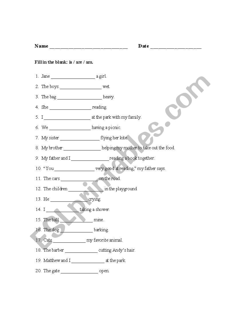 A Simple (Is, Are, Am) Worksheet - Part I