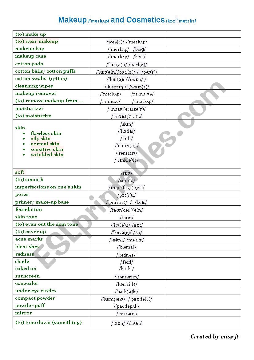 Make up and Cosmetics worksheet