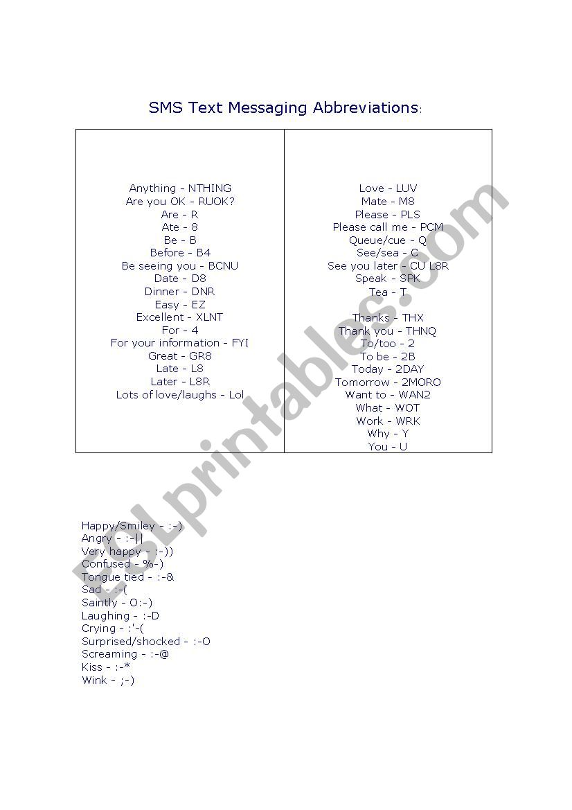 SMS abbrevations worksheet