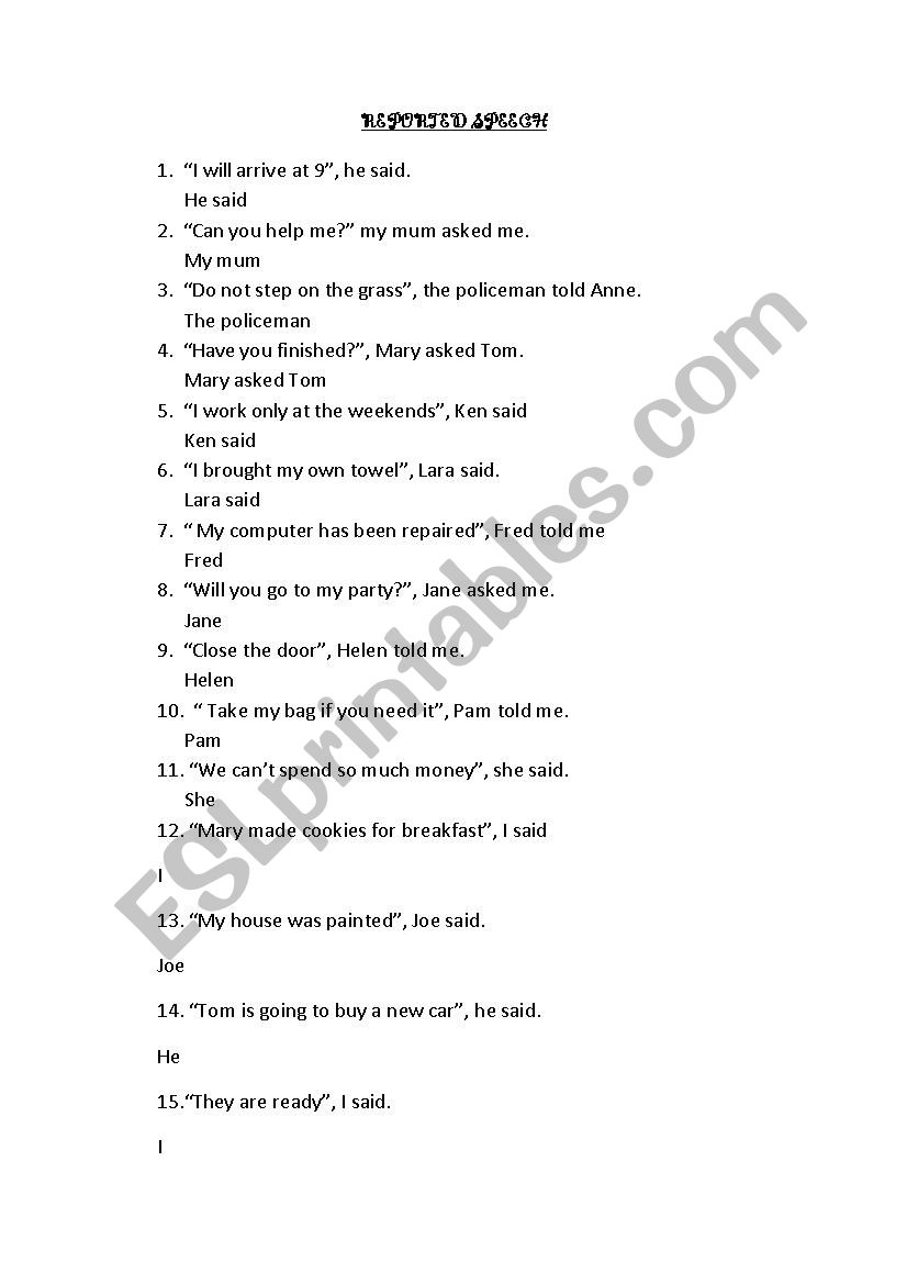 Reported Speech worksheet