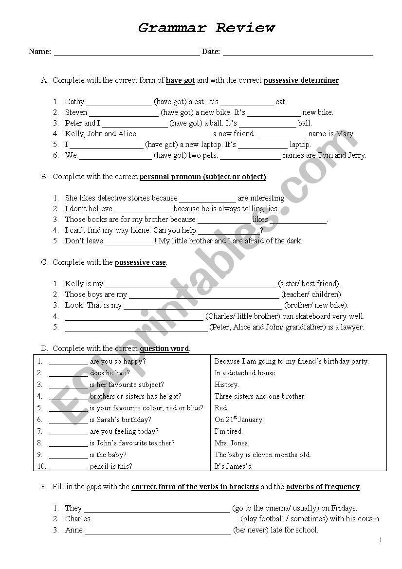 Grammar Review 7th Grade Esl Worksheet By Ffpg